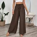 Braune Weite Hose mit hoher Taille, eleganter seitlicher Stickerei und Kordelzug - S / Braun