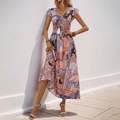 Maxikleid im Paisley-Muster mit V-Ausschnitt, Quasten und geraffter Taille in Orange-Blau - S / Hellbraun