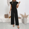 Elegante mono negro de pierna ancha con cuello de volantes, perlas y cinturón - S / Negro
