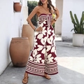 Bohemian Blumen Jumpsuit in Burgund mit trägerlosem Ausschnitt und Schleifen Detail - S / Burgunderrot