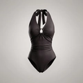 Deep chocolate halter bodysuit with golden metal ring and sophisticated pleats detail - S / Dark Brown