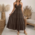 Vestido largo boho marrón oscuro con cuello halter y falda de capas para verano - S / Marrón Café