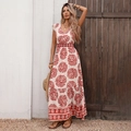 Bohemian V-neck maxi dress with red abstract spiral print and ruffled short sleeves - S / Dusty Pink