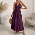 Abito lungo a balze viola scuro con scollo all'americana e corpetto a pieghe estivo - S / Rosso Porpora