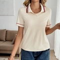 Beige ribbed knit polo shirt with red stripes and white collar for casual wear - S / Apricot