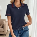 Women's dark blue ribbed knit polo shirt with red striped collar and sporty retro style - S / Navy Blue