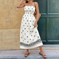 Weißes Bandeau-Midikleid mit blauem geometrischem Druck und ethnischem Saummuster - S / Weiß