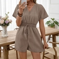 Combishort col V à manches courtes taupe avec taille élastique à cordon et texture lin - Marron Café