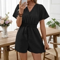 Combishort col V à manches courtes en lin de coton noir avec lien de serrage à la taille - Noir