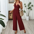 Elegant sleeveless burgundy V-neck wide leg jumpsuit with crisscross tie waist detail - S / Burgundy