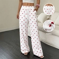 Pantalón blanco de pierna ancha con estampado de corazones rojos y detalle de cordón - S / Blanco