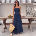 Dunkelblaues trägerloses Maxikleid mit weißen Punkten und elastischer hoher Taille - S / Marineblau