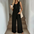 Ärmelloser Damen-Jumpsuit in Schwarz mit weitem Bein, Holzknöpfen und Taschen - S / Schwarz