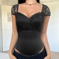 Elegant black floral lace bodysuit with a deep V-neck and short lace cap sleeves - S / Black