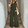 Dunkelgrüner Strick-Jumpsuit für Damen mit weitem Bein und ärmellosem Rundhalsausschnitt - S / Armeegrün