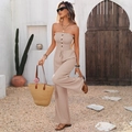 Beige strapless wide-leg jumpsuit with shirred bust and waist drawstring ties - S / Apricot