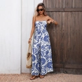 Elegant strapless floral jumpsuit with blue and white pattern and wide leg design - S / Blue