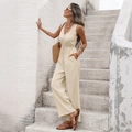 Ärmelloser beiger Jumpsuit mit V-Ausschnitt und Tunnelzug für den Sommerurlaub am Strand - S / Aprikose