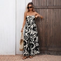 Elegant strapless jumpsuit with black and white floral print and wide-leg trousers design - S / Black