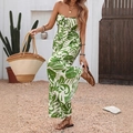 Elegant strapless jumpsuit with green leaf print and front bow tie detail for summer - S / Green