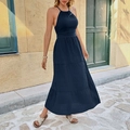 Vestido largo azul marino con cuello halter y espalda descubierta con diseño de volantes - S / Azul Marino