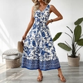 Ärmelloses Maxikleid mit blau-weißem Blumendruck, V-Ausschnitt und Kordelzug-Taille - S / Dunkelblau
