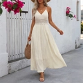 Robe longue bohème crème sans manches avec décolleté en V profond et détails en dentelle - S / Abricot