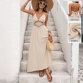 Bohemian apricot halter backless maxi dress with hollow out crochet waist embroidery - S / Light Khaki