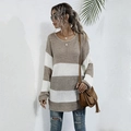 Pull oversize en maille à larges rayures crème et marron avec une encolure ronde - S / Kaki