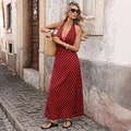 Robe longue rouge foncé à pois blancs avec licou et décolleté en V plongeant - S / Bordeaux