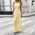 Elegante mouwloze lichtgele bloemen jacquard jumpsuit met schouderstrikjes detail - S / Geel