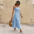 Elegant light blue strapless tiered maxi dress with ruched bodice for summer resort style - S / Blue