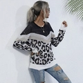 Women's loose knit sweater with black, grey and leopard print color block panels - S / Tops / Black