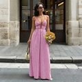 Rosa-weiß gestreiftes Halfter-Maxikleid mit tiefem V-Ausschnitt und hoher Taille für den Sommer - S / Rosarot