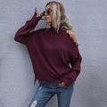 Dark red speckled off-shoulder knit sweater with high neck and distressed details - S / Burgundy