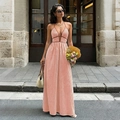 Elegant orange striped halter V-neck maxi dress for summer vacation and outdoor events - S / Burned Orange