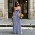 Blue and white striped halter maxi dress with V-neckline for summer beach vacation - S / Blue & White