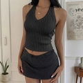 Damen Set mit dunkelgrauem Ripp-Neckholder-Top und passendem Nadelstreifen-Minirock - S / Schwarz