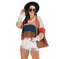 Women's V-neck striped knit sweater with distressed frayed edges and loose fit design - S / As Shown