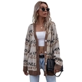 Women's V-neck beige and brown letter jacquard knit cardigan sweater with buttons - S / Khaki