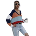 Women's V-neck striped knit sweater in multicolor with distressed hem and ripped edges - S / Royal Blue