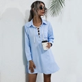 Robe chemise à manches longues rayée bleu et blanc avec détail de laçage devant - S / Bleu Ciel