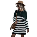 Damen-Strickkleid mit grün-weißen Streifen, Rundhalsausschnitt und langen Ärmeln für den Herbst - S / Dunkelgrün