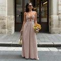 Robe longue dos nu à rayures marron et blanches pour l'été avec décolleté en V - S / Marron Café