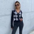 Women's V-neck argyle knit cardigan featuring black and grey patterns with button closure - S / Black