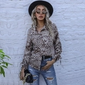Women's leopard print long sleeve shirt with drawstring cuffs and classic collar - XL / Tops / Khaki