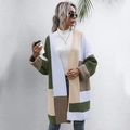 Oversized long-knit cardigan in color-block green and beige with coarse stripe texture - S / Army Green