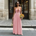 Robe longue élégante à rayures rouges et blanches avec dos nu et col licou - S / Rose