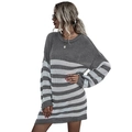 Damen Strickkleid mit Rundhalsausschnitt und grau-weißen horizontalen Streifen - S / Grau