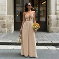 Robe longue sans manches à rayures marron et blanc avec licou et décolleté en V - S / Jaune